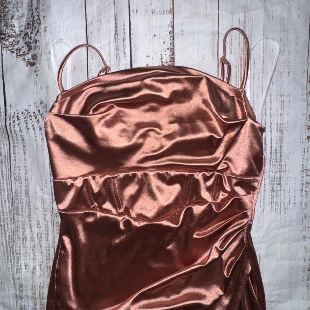 Windsor rose gold satin bodycon dress with ruched detailing and open back